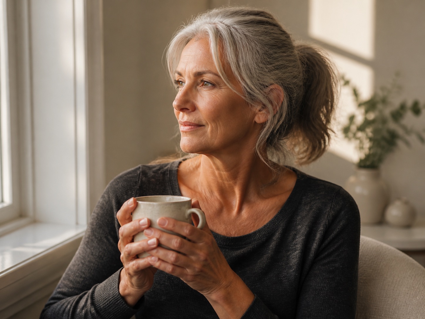 A woman pausing with a warm drink by a window