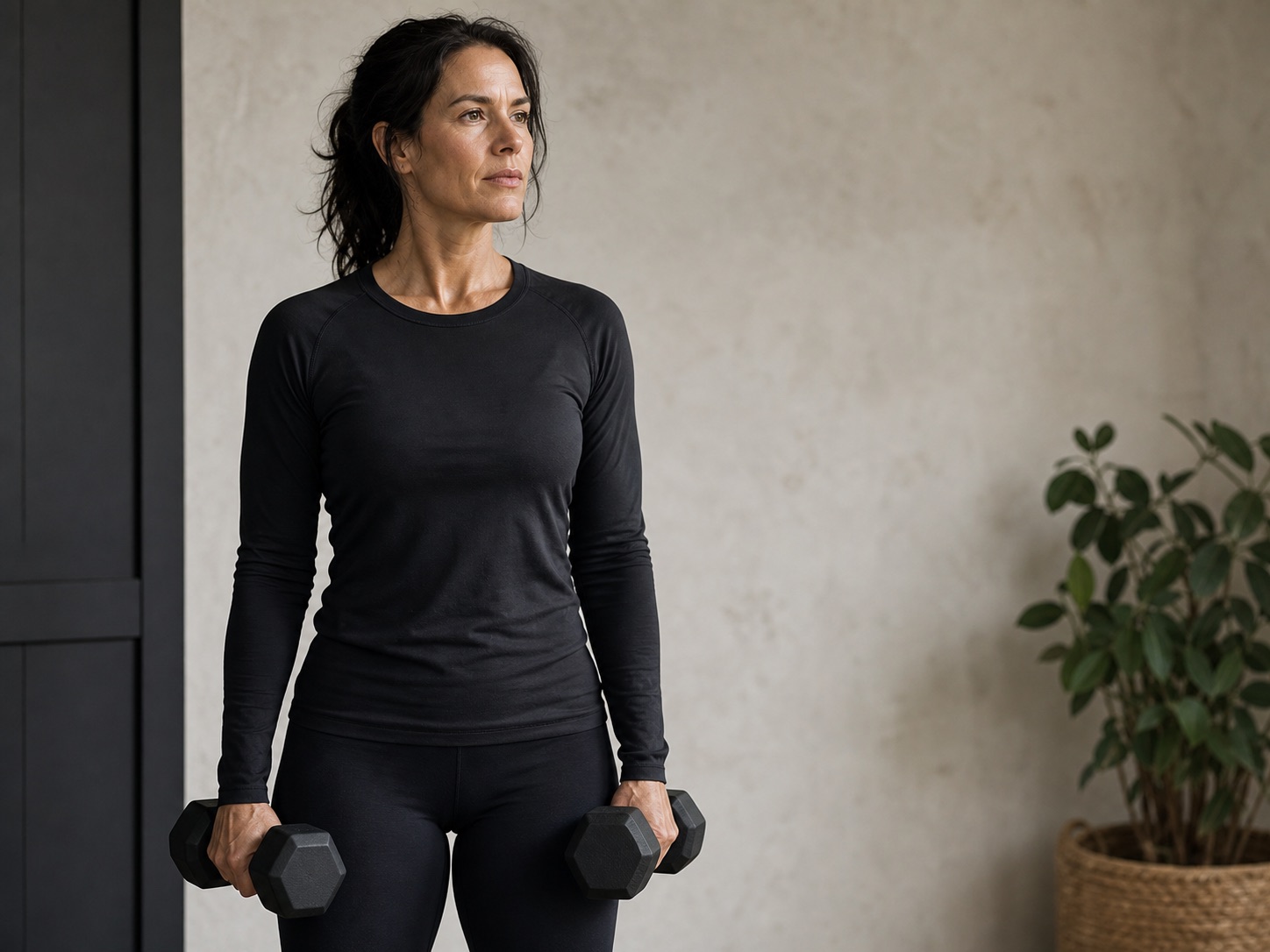 A woman in her early forties strength training with dumbbells