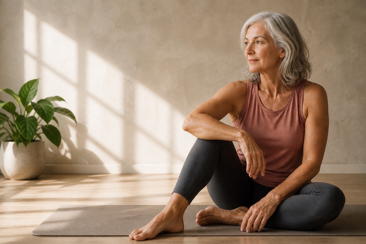 A woman in her sixties sitting calmly after movement