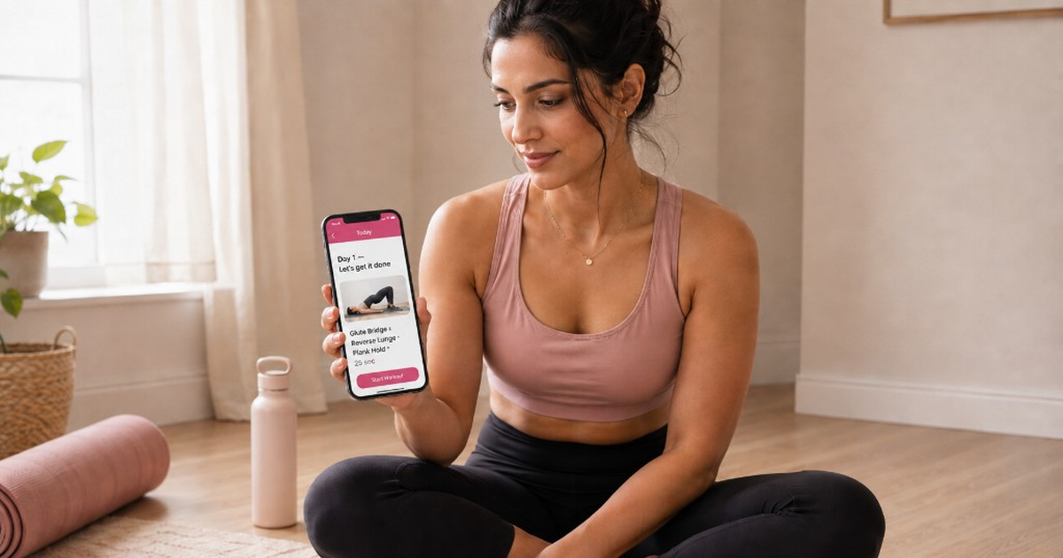 GlowUp app screens showing the daily plan, workout flow, and progress view